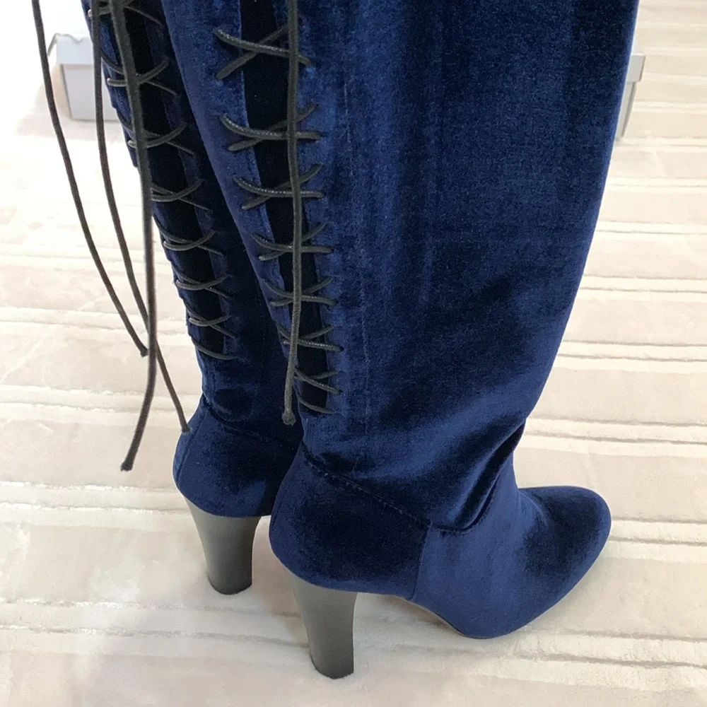 Steve Madden Over the Knee Corset Style Royal Blue Velvet High Heel Boots